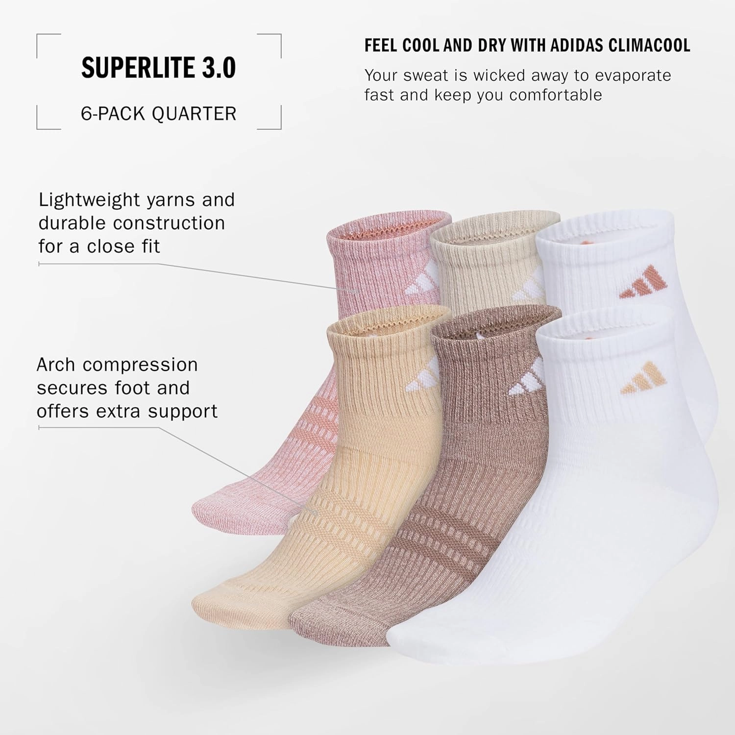 adidas Men's Superlite Quarter Socks 6-Pack, Durable, Lightweight, Athletic Breathable with Compression Arch Support