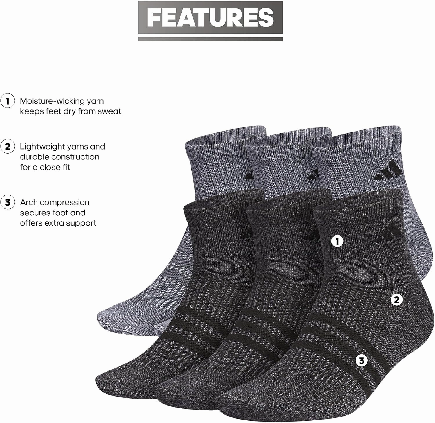 adidas Men's Superlite Quarter Socks 6-Pack, Durable, Lightweight, Athletic Breathable with Compression Arch Support
