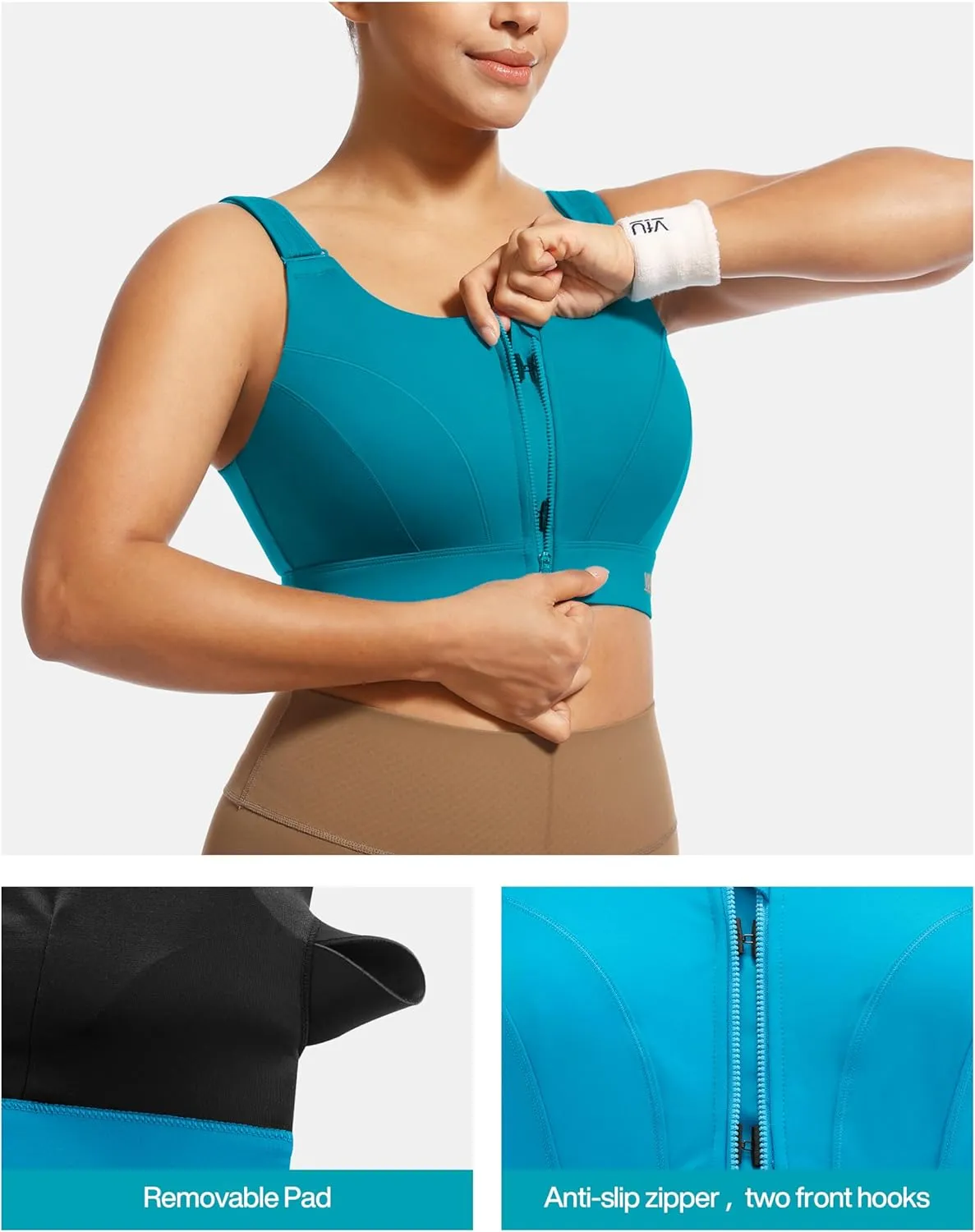 Adjustable High Impact Sports Bras for Women Zip Front Full Coverage and Lift Padded Compression Tops