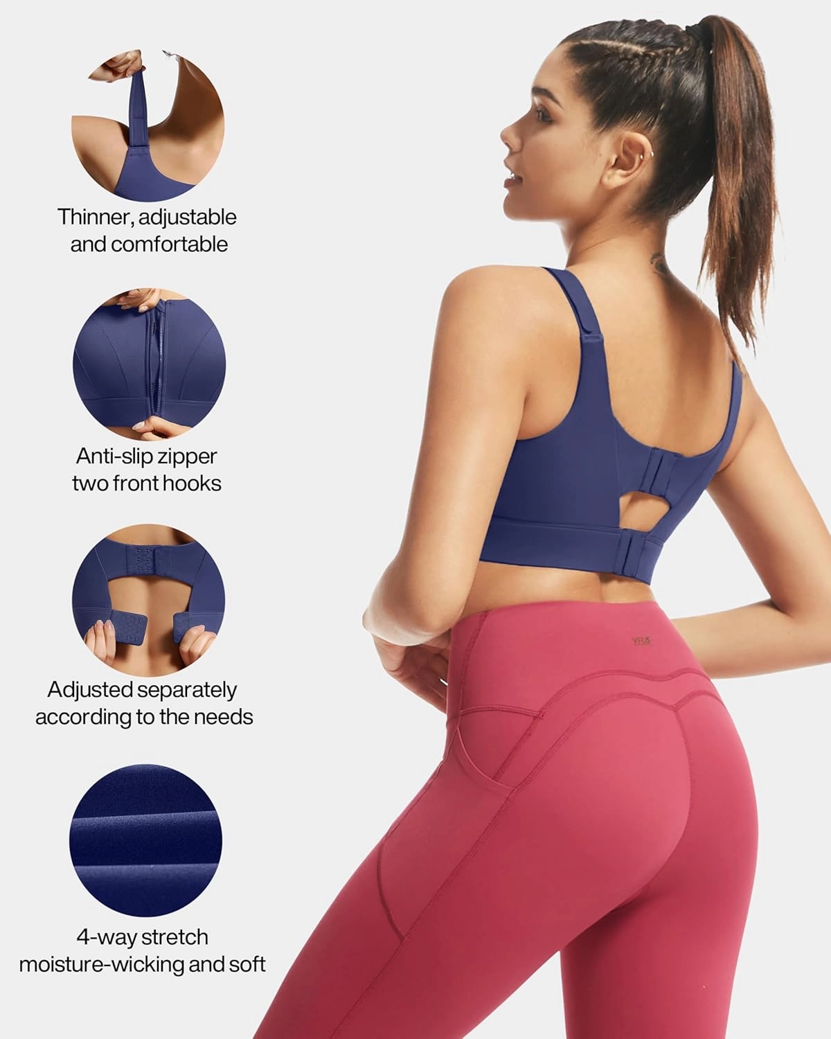 Adjustable High Impact Sports Bras for Women Zip Front Full Coverage and Lift Padded Compression Tops