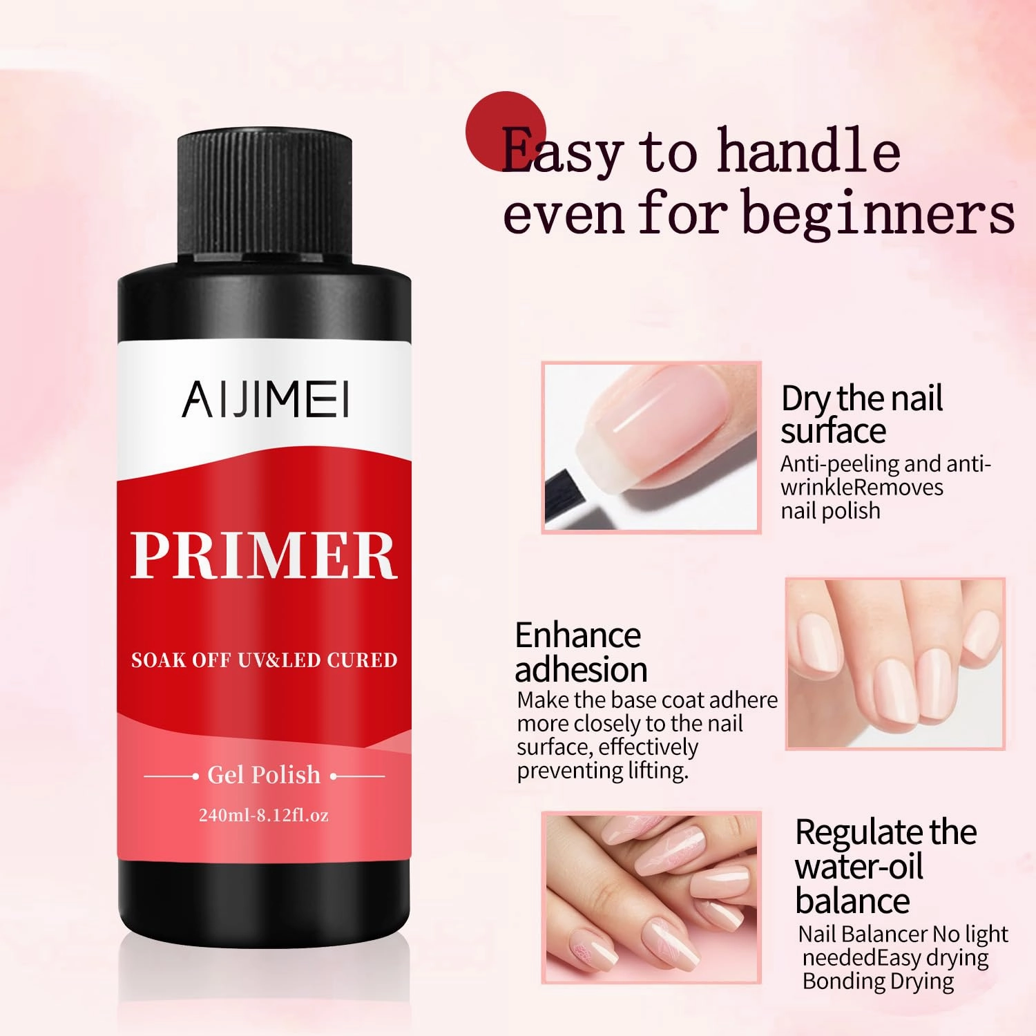 AIJIMEI 240ml Rapid-Dry Nail Primer, Nail Primer for Stronger Nails Enhances Adhesion & Shine Primer for Nail, Sensitive Skin Nail Care Compatible with All Polishes Nail Art 8 Fl Oz