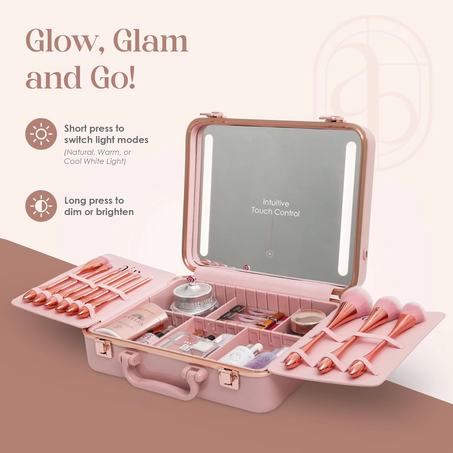Air Makeup Beauty Box - Makeup Bag with LED Lighted Mirror, Professional Mini/Large Cosmetic Organizer - Portable Vanity & Makeup Case for Travel (Beauty Box, Blush Pink)