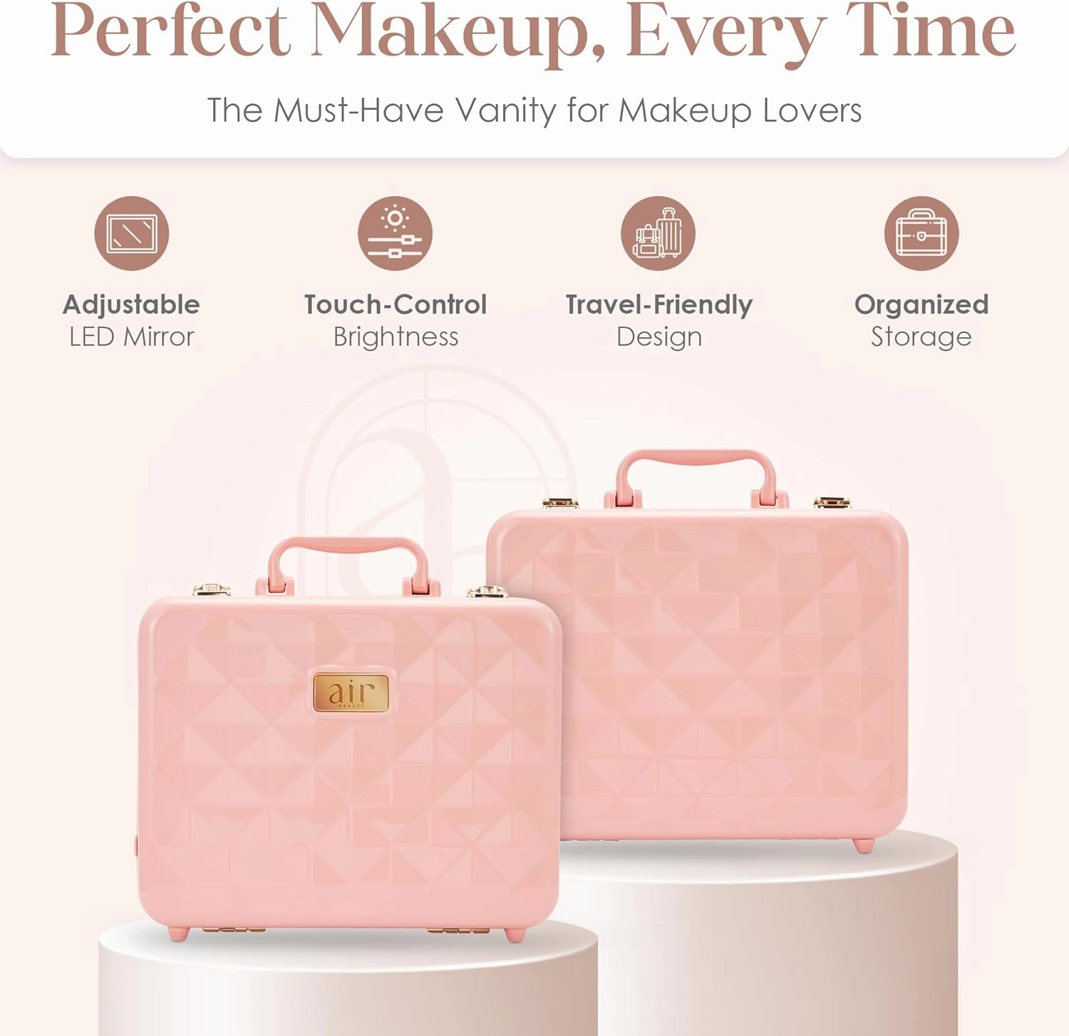Air Makeup Beauty Box - Makeup Bag with LED Lighted Mirror, Professional Mini/Large Cosmetic Organizer - Portable Vanity & Makeup Case for Travel (Beauty Box, Blush Pink)
