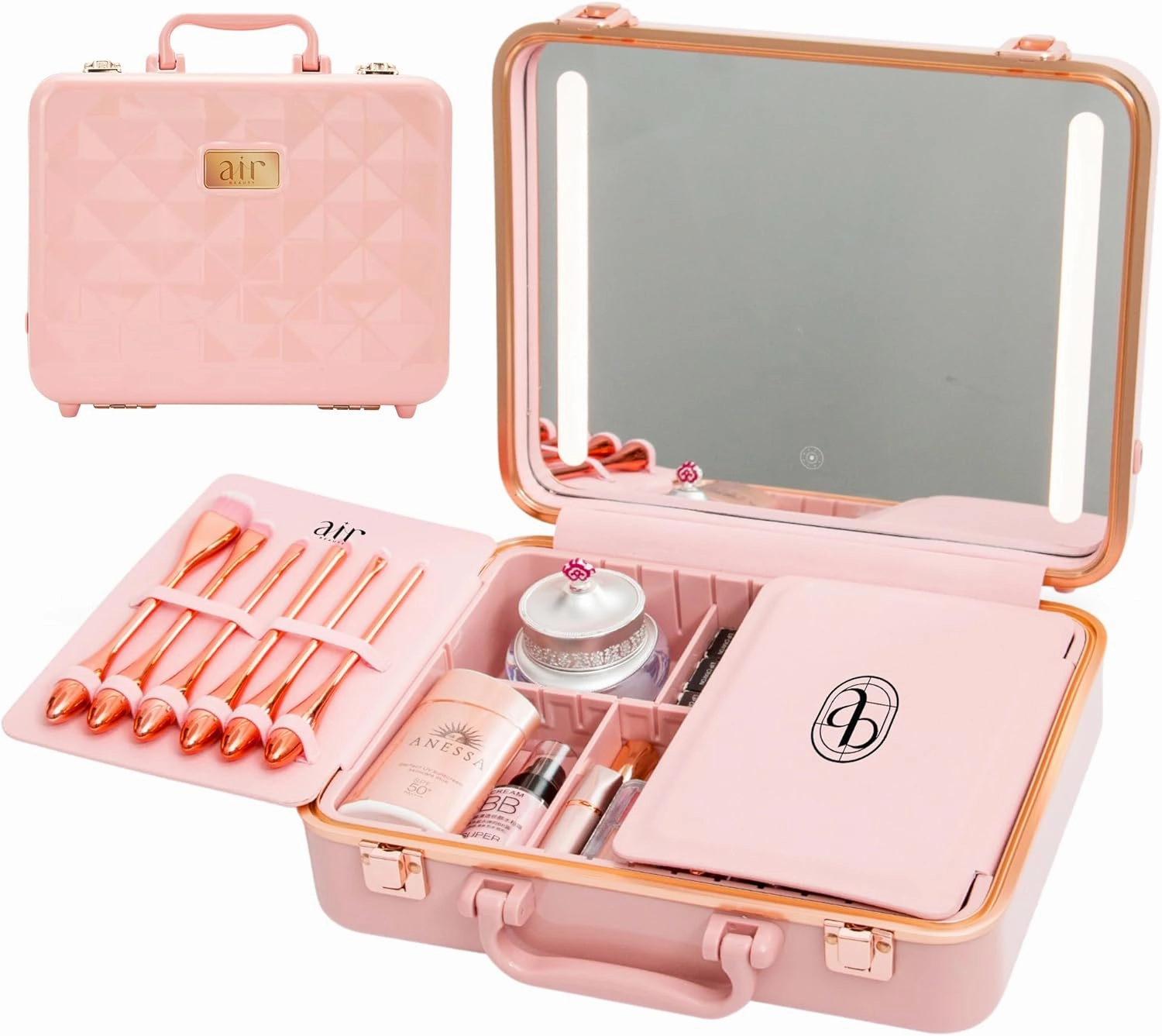 Air Makeup Beauty Box - Makeup Bag with LED Lighted Mirror, Professional Mini/Large Cosmetic Organizer - Portable Vanity & Makeup Case for Travel (Beauty Box, Blush Pink)