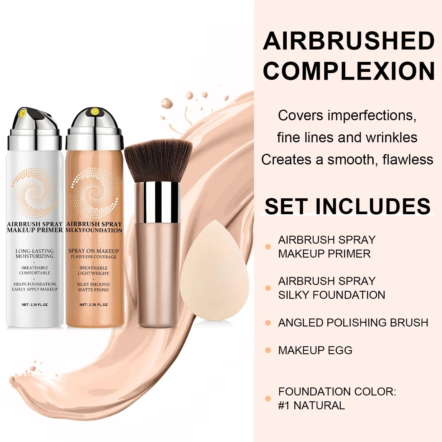 AirBrush Foundation Spray With Airbrush Primer, Silky Mist Foundation Spray Makeup, Full Coverage Foundation for Smooth Radiant, Formula Breathable Lightweight Hydrating (01 Natural)
