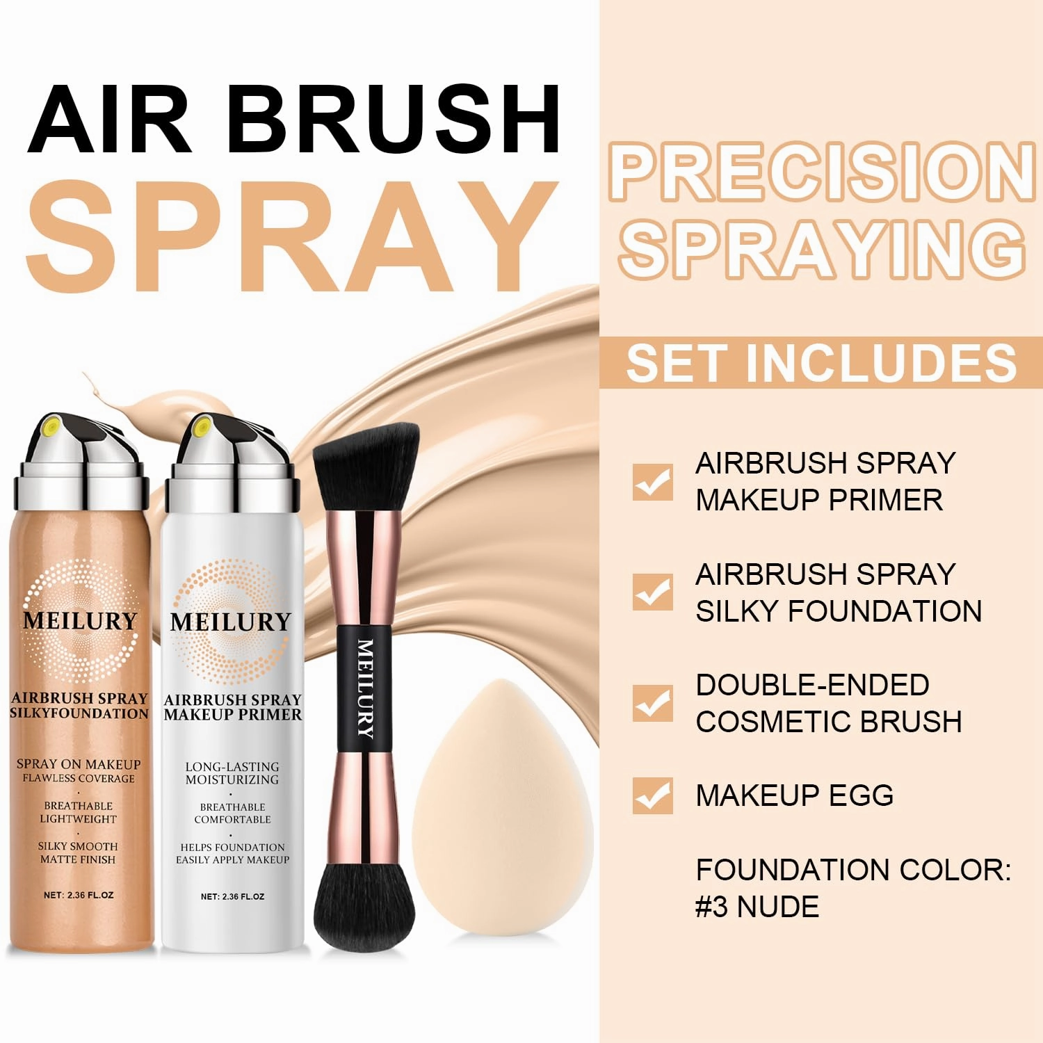 AirBrush Foundation Spray Set, Spray Foundation Makeup and Hydrating Face Air Primer Kit, Longwear Waterproof Liquid Matte Foundation Mist for Flawless Look (03 Nude)