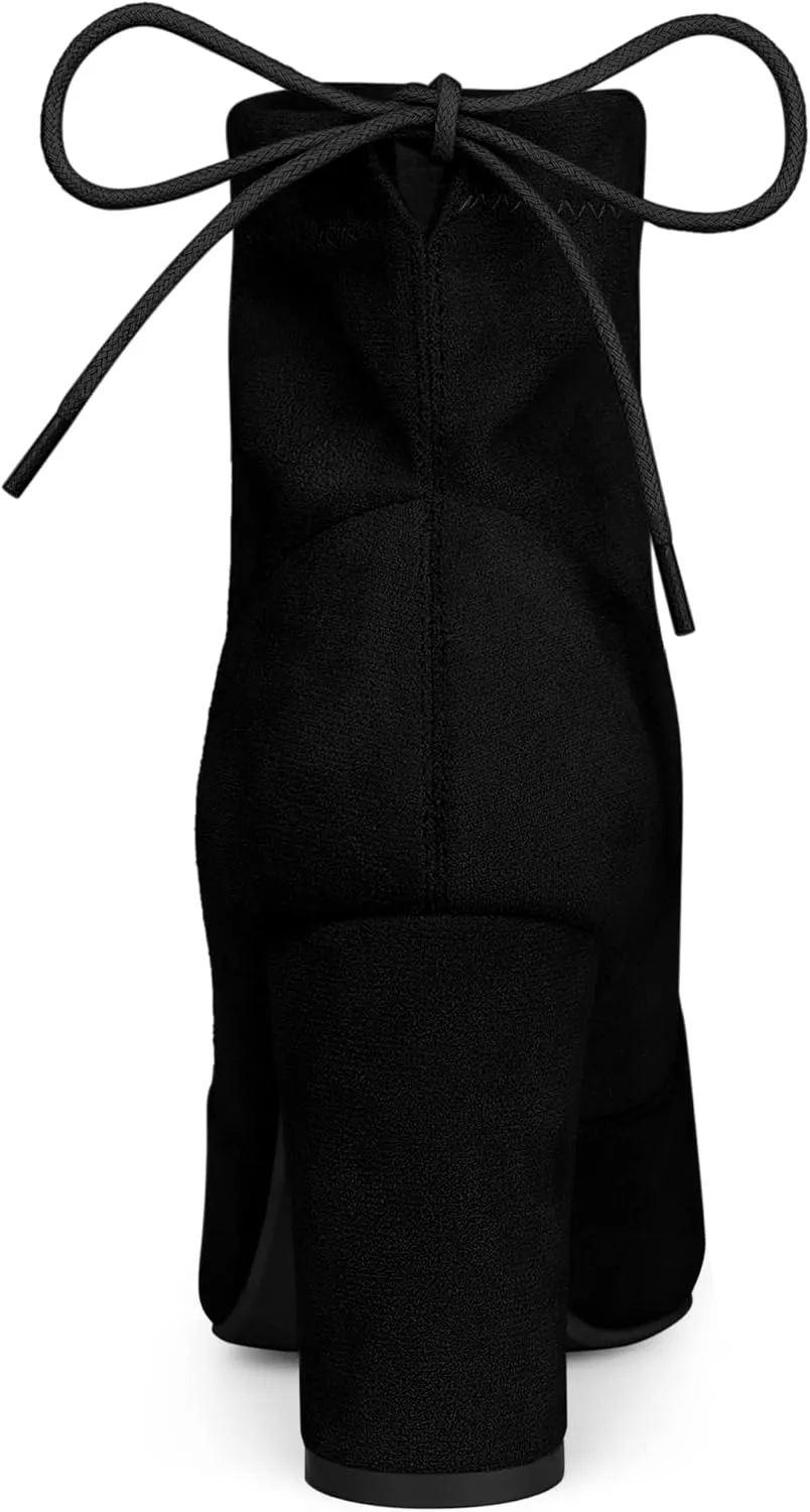 Allegra K Women's Pointed Toe Drawstring Pull on Block Heel Ankle Boots