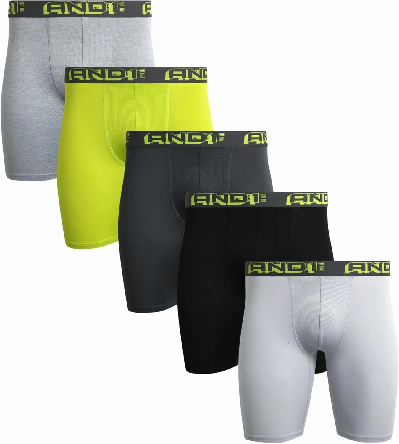 AND1 Mens Boxer Briefs - 5 Pack Performance Stretch Mens Underwear Long Leg Boxers for Men with Contour Pouch (Sizes: S-3XL)