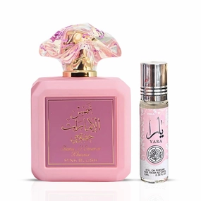 Ard al Zaafaran Pink Blush Shams Al Emarat Khususi Eau De Parfum 100ml & Yara Roll On Concentrated Perfume Oil, Long Lasting Arabian Perfumes For Women, Sweet Floral & Fruity Vanilla Symphony (Bundle)