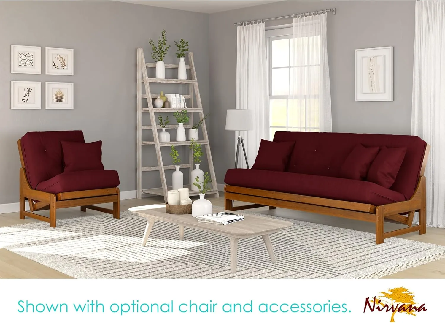 Arden Futon Set - Full Size, Frame, 8" Mattress, Twill Burgundy Cover
