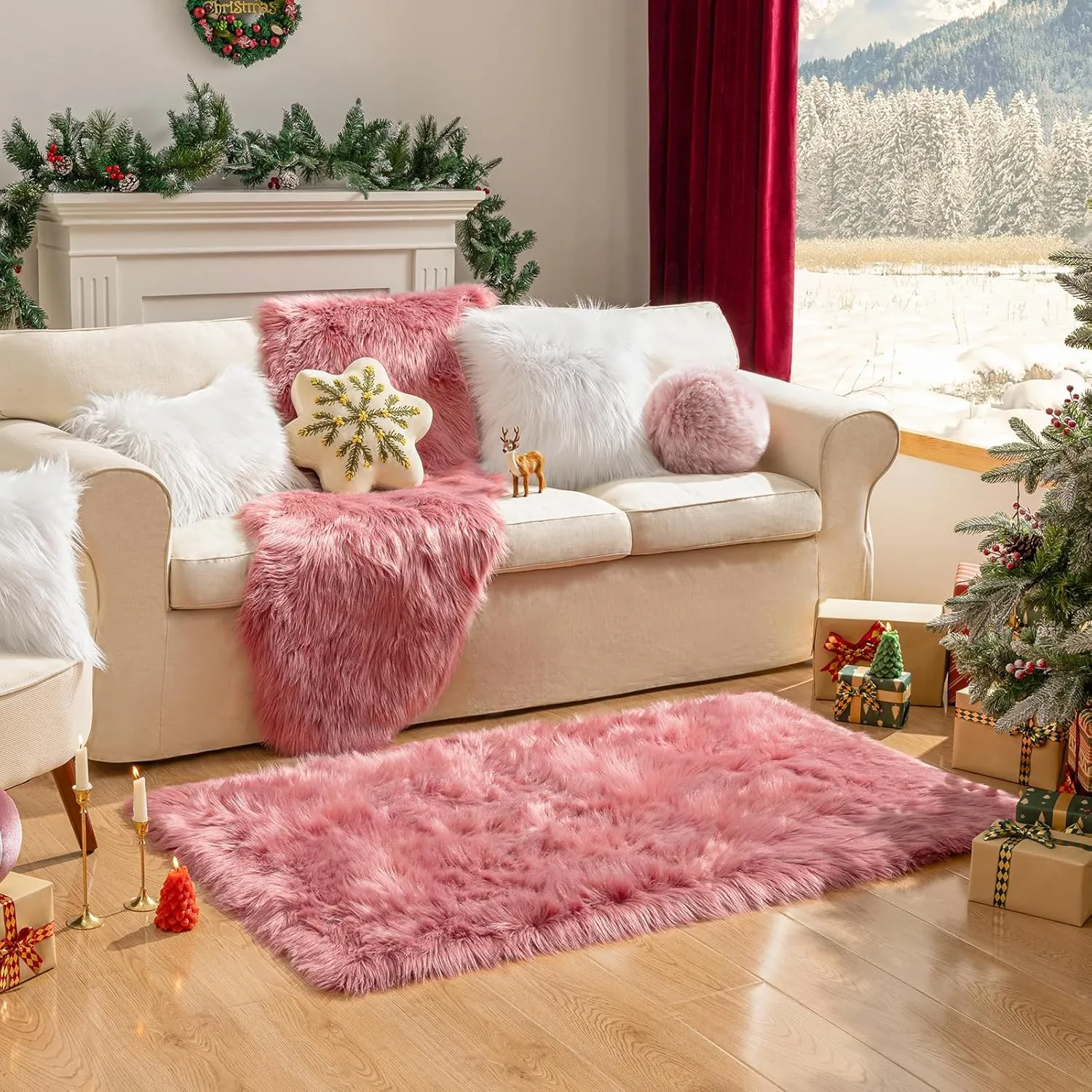 Ashler Faux Fur Area Rug - Fluffy Shaggy 2 x 3 Feet Sheepskin, Blush Pink Fuzzy Machine Washable Shag, Nursery Decor, Bedroom, Living Room, Kids Room