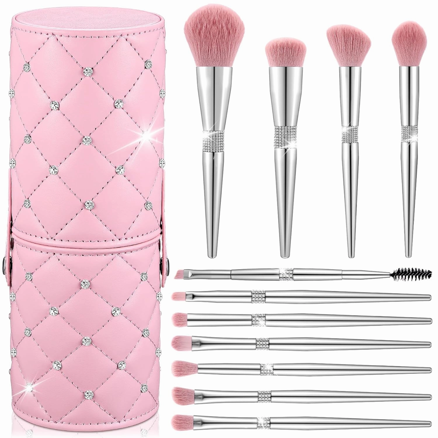 Baderke 11 Pcs Elegant Pink Soft Labeled Makeup Brushes Sets with Brush Holder Rhinestone Makeup Set with Silver Pink Foundation Powder Blush Blending Contour Brush