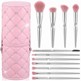 Baderke 11 Pcs Elegant Pink Soft Labeled Makeup Brushes Sets with Brush Holder Rhinestone Makeup Set with Silver Pink Foundation Powder Blush Blending Contour Brush