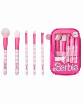 Barbie Women's Makeup Brush Set | Beauty Blenders with Storage Case Zip Up in Pink | Striped Soft Beauty Face Brushes