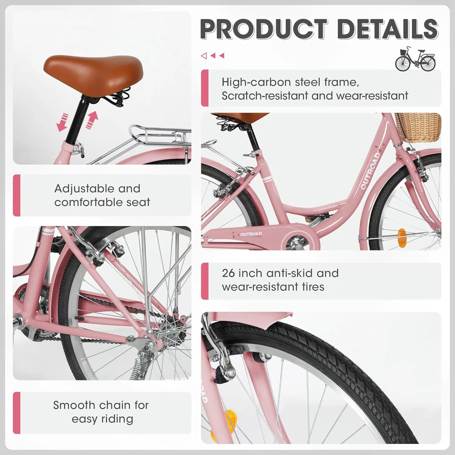 Beach Cruiser Bike for Women and Men, 24 26 inch Female Commuter Bicycle with Basket, 1 Speed Womens Bike with Rear Rack/High-Carbon Steel/Front & Rear Fenders, Multi Color