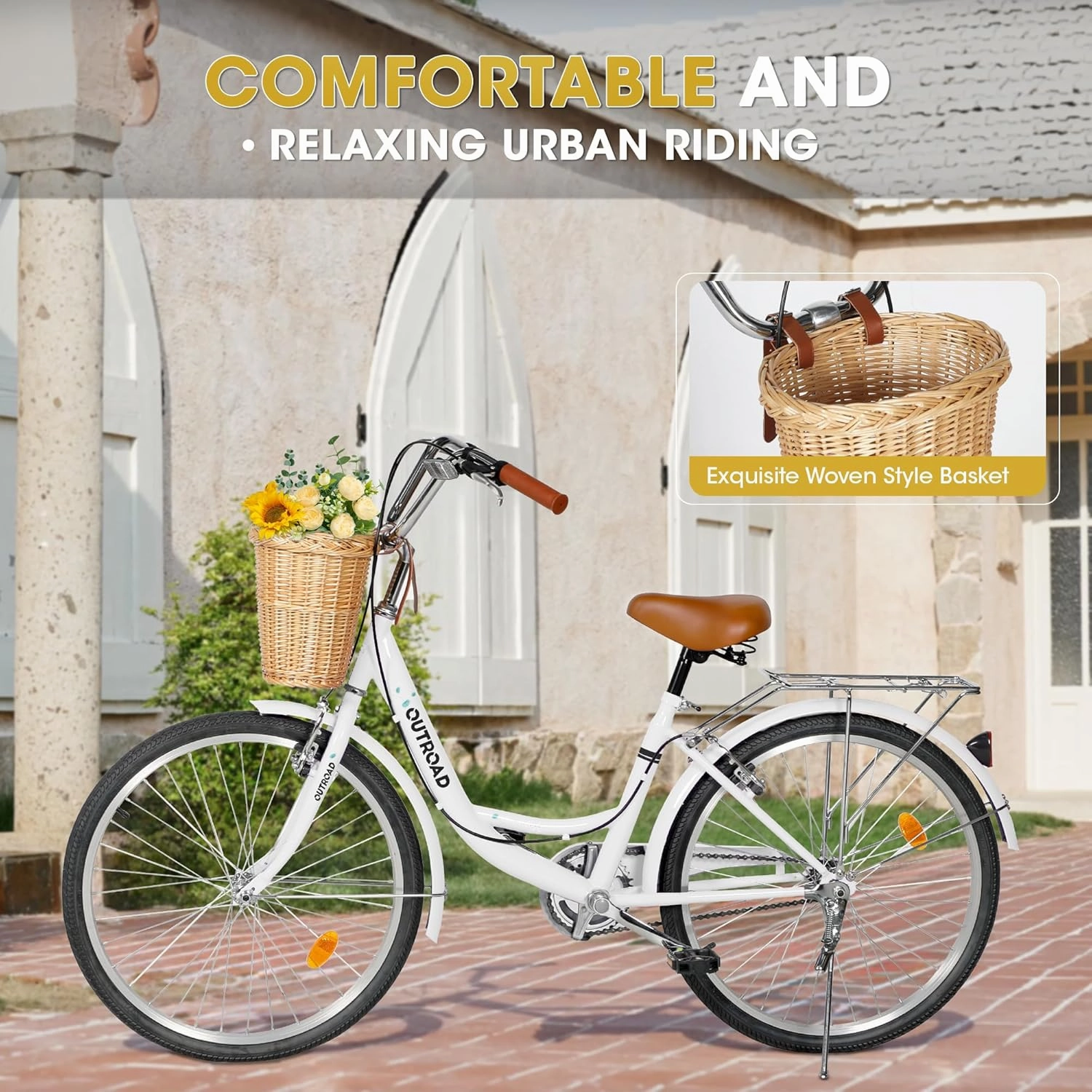 Beach Cruiser Bike for Women and Men, 24 26 inch Female Commuter Bicycle with Basket, 1 Speed Womens Bike with Rear Rack/High-Carbon Steel/Front & Rear Fenders, Multi Color
