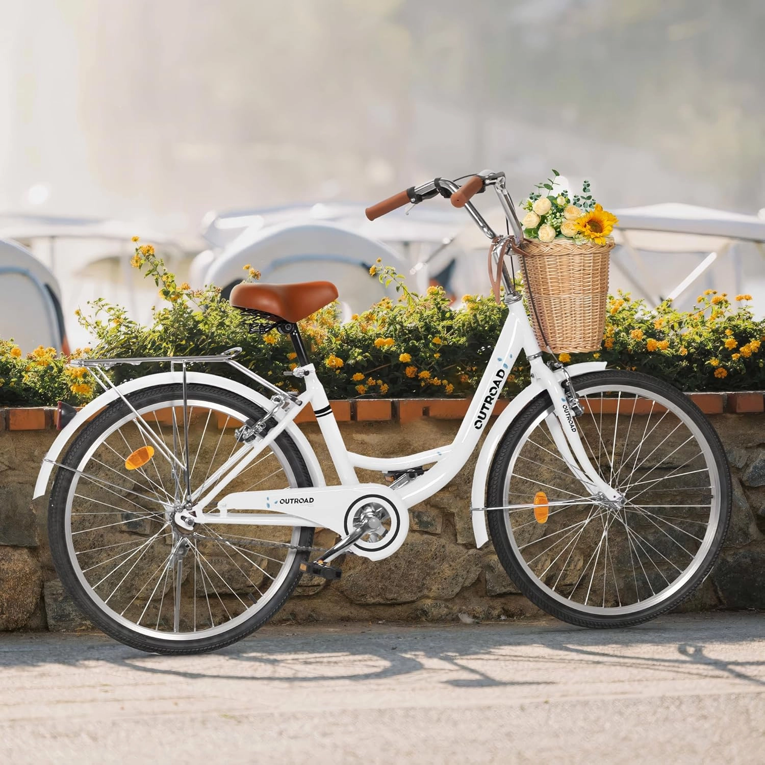 Beach Cruiser Bike for Women and Men, 24 26 inch Female Commuter Bicycle with Basket, 1 Speed Womens Bike with Rear Rack/High-Carbon Steel/Front & Rear Fenders, Multi Color