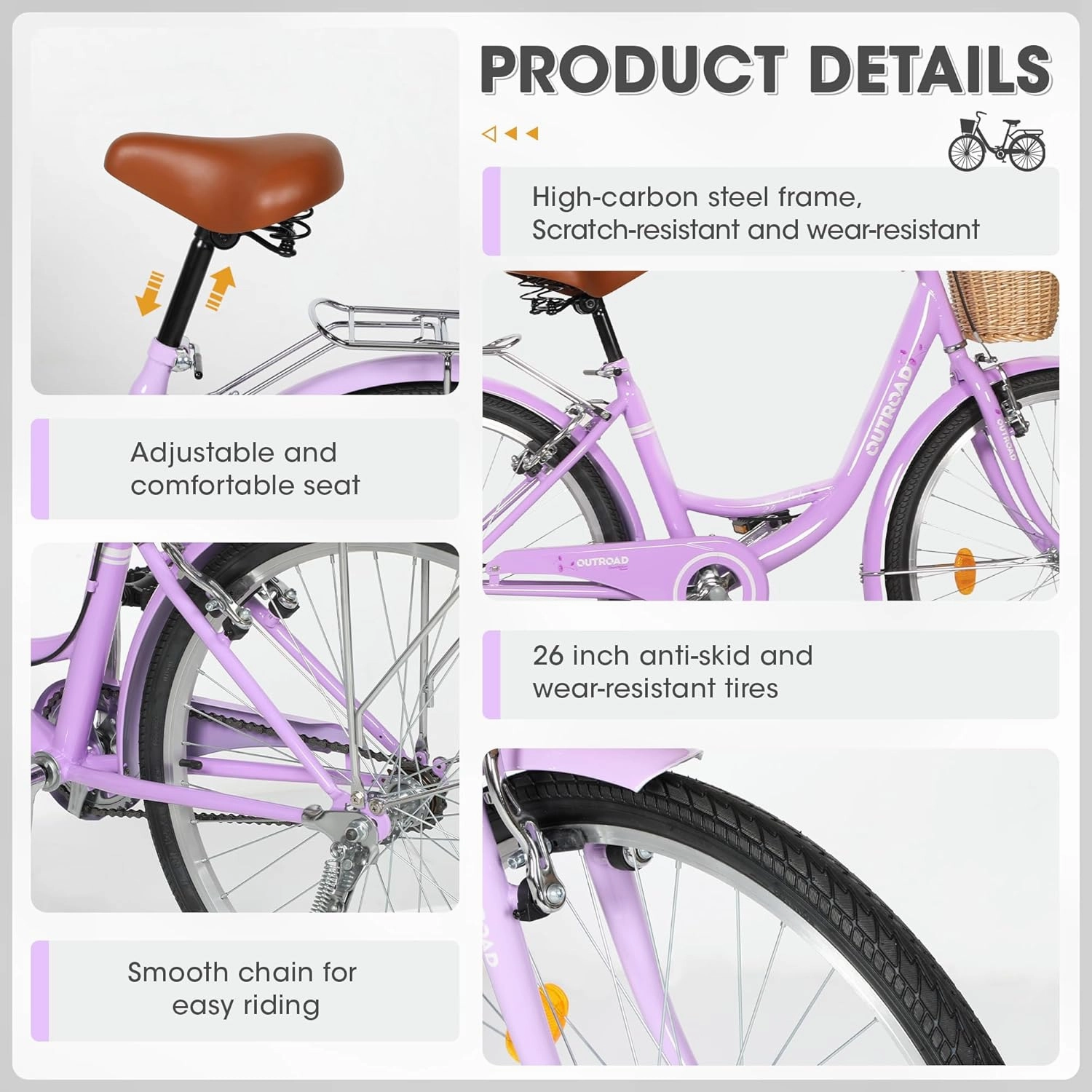 Beach Cruiser Bike for Women and Men, 24 26 inch Female Commuter Bicycle with Basket, 1 Speed Womens Bike with Rear Rack/High-Carbon Steel/Front & Rear Fenders, Multi Color