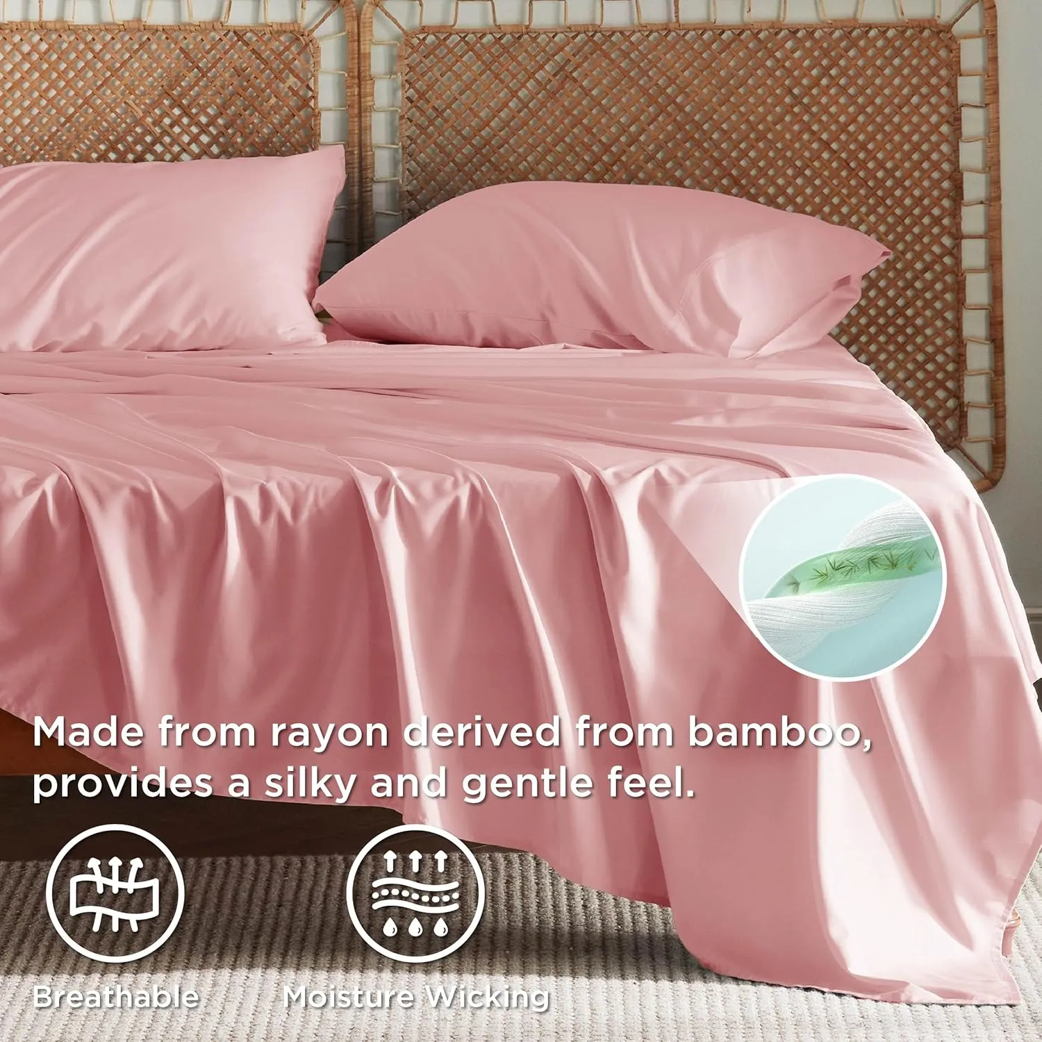 Bedsure King Size Sheet Sets, Cooling Sheets for Hot Sleepers, Rayon Derived from Bamboo, Breathable & Soft Deep Pocket Up to 16 Inches, Hotel Luxury Silky Bedding, Bedsheet & Pillowcases, Blush Pink