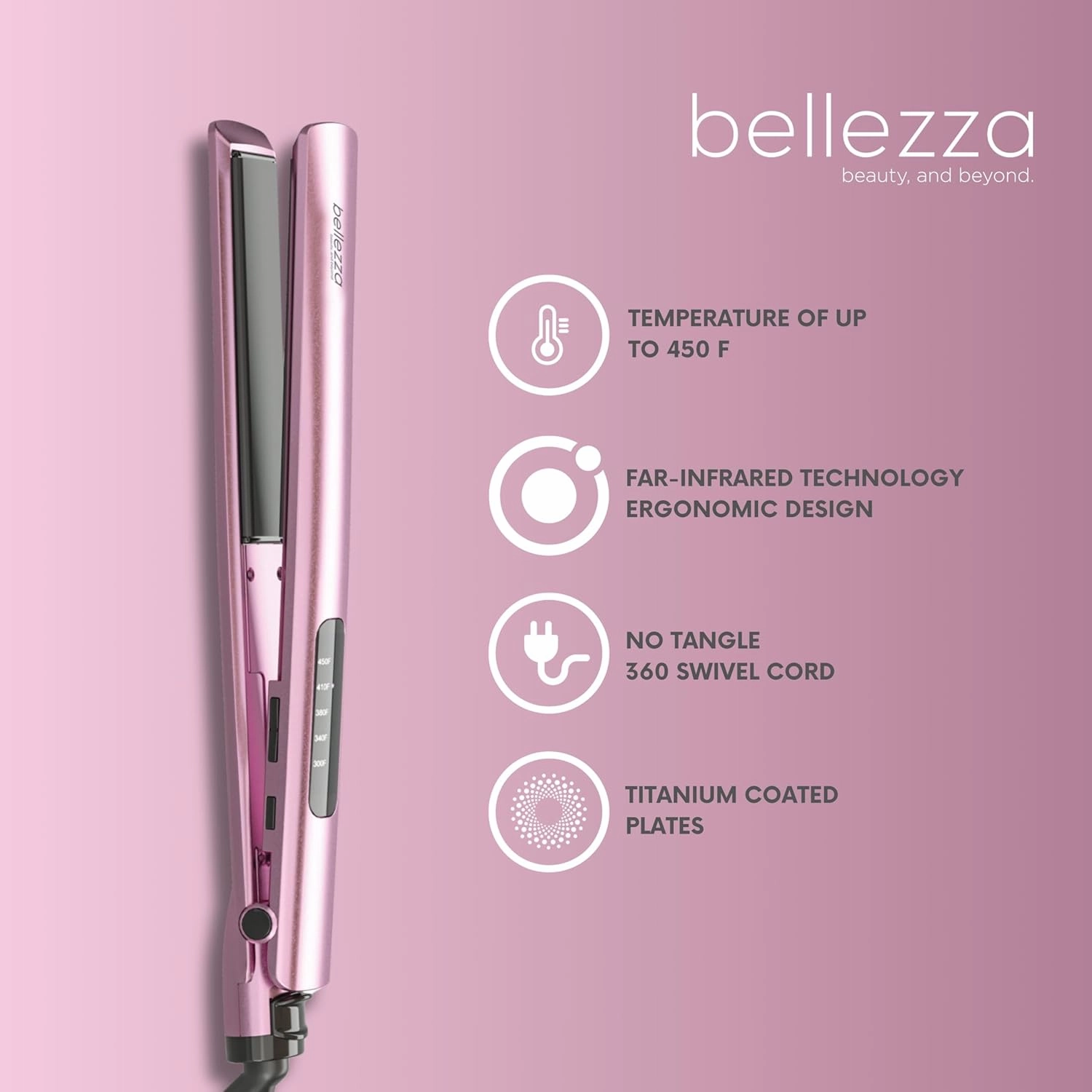 Bellezza SleekBeauty 1” Digital Flat Iron - Ultra-Slim Design - Precise LED Heat Settings to 450°F - Ceramic Plates - Hair Straightener (Blush Pink)