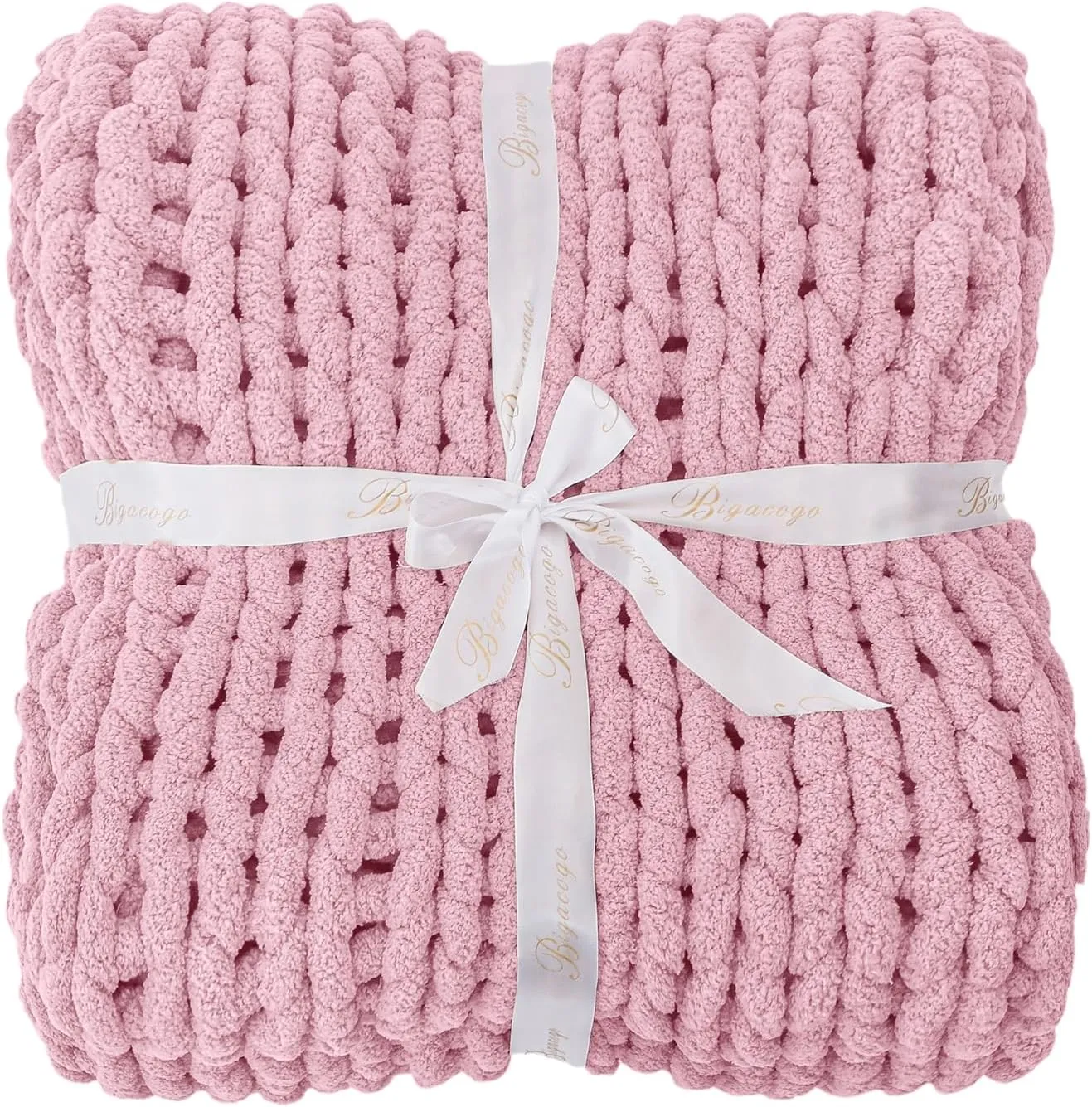 Bigacogo Chunky Knit Throw Blanket for Couch, 40x60 inches, 100% Hand Knitted with Thick Jumbo Chenille Yarn, Cozy Soft Large Rope Knot Cable Crochet Blankets for Sofa Bed Living Room, Blush Pink