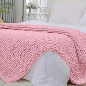 Bigacogo Chunky Knit Throw Blanket for Couch, 40x60 inches, 100% Hand Knitted with Thick Jumbo Chenille Yarn, Cozy Soft Large Rope Knot Cable Crochet Blankets for Sofa Bed Living Room, Blush Pink