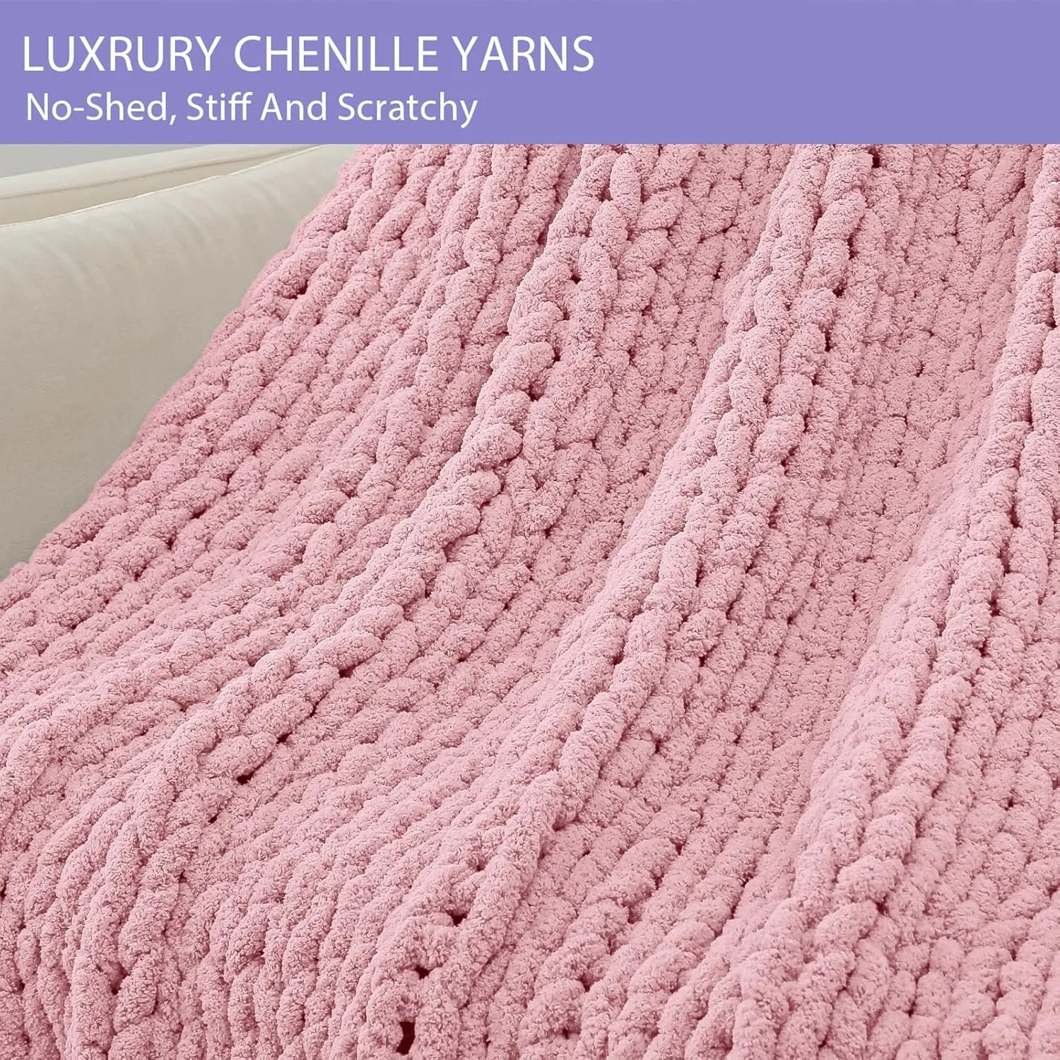 Bigacogo Chunky Knit Throw Blanket for Couch, 40x60 inches, 100% Hand Knitted with Thick Jumbo Chenille Yarn, Cozy Soft Large Rope Knot Cable Crochet Blankets for Sofa Bed Living Room, Blush Pink