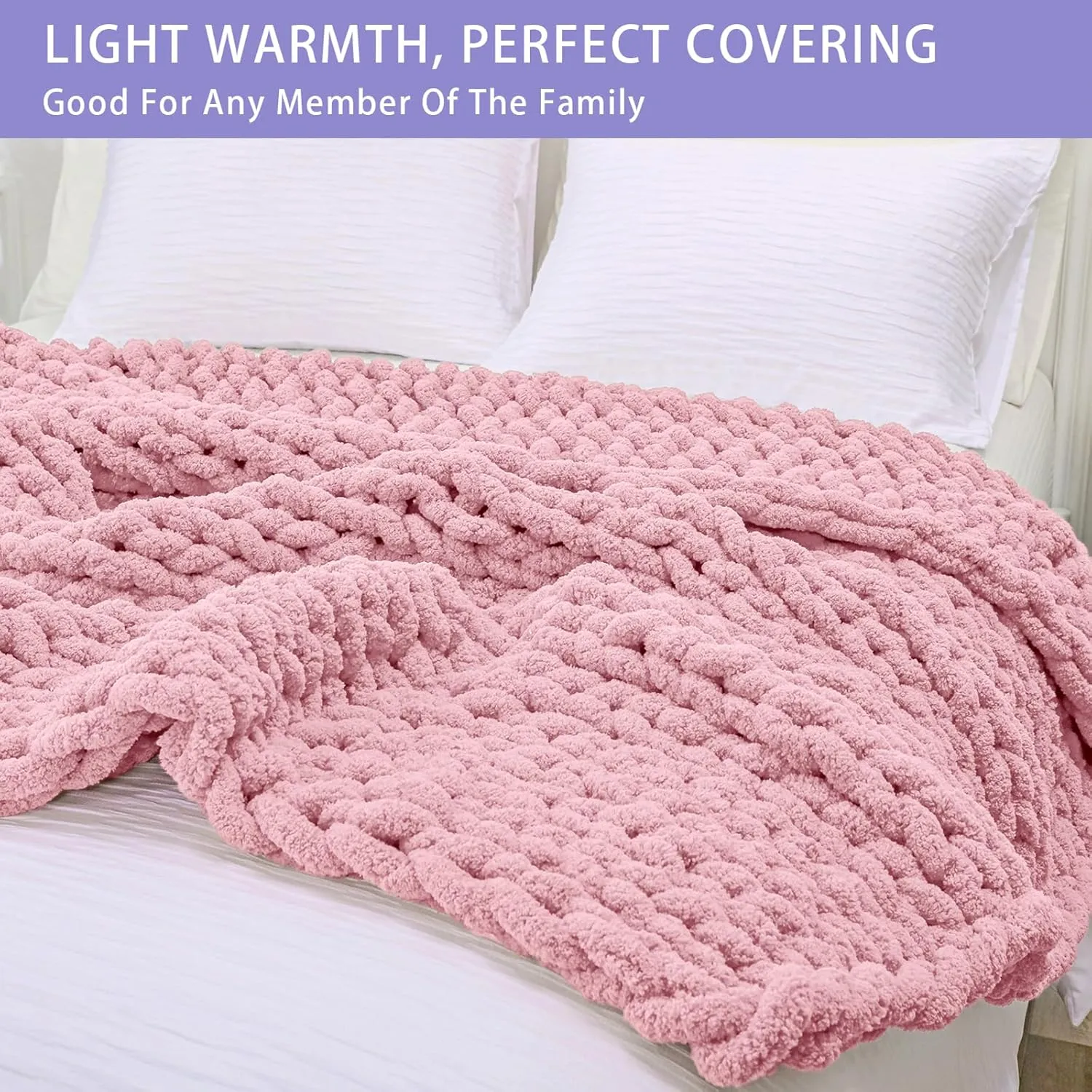 Bigacogo Chunky Knit Throw Blanket for Couch, 40x60 inches, 100% Hand Knitted with Thick Jumbo Chenille Yarn, Cozy Soft Large Rope Knot Cable Crochet Blankets for Sofa Bed Living Room, Blush Pink