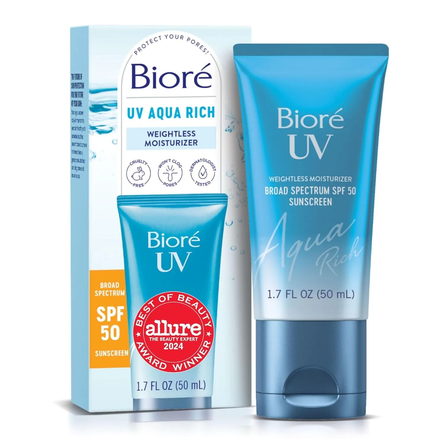 Biore UV Aqua Rich Daily Hydrating Facial Moisturizer with SPF 50 | Oil Free Sunscreen & Primer for Makeup with Hyaluronic Acid, No White Cast, Non-Comedogenic, For Sensitive Skin, PA    , 1.7 Oz