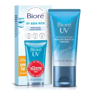Biore UV Aqua Rich Daily Hydrating Facial Moisturizer with SPF 50 | Oil Free Sunscreen & Primer for Makeup with Hyaluronic Acid, No White Cast, Non-Comedogenic, For Sensitive Skin, PA    , 1.7 Oz