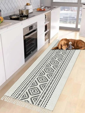 Black Boho Hallway Runner Rug 2X6 Ft Kitchen Carpet, Washable Woven Throw Carpet with Tassel, Farmhouse Tribe Ethnic Geometric Stripes Non-Shedding Bedroom Laundry Rugs