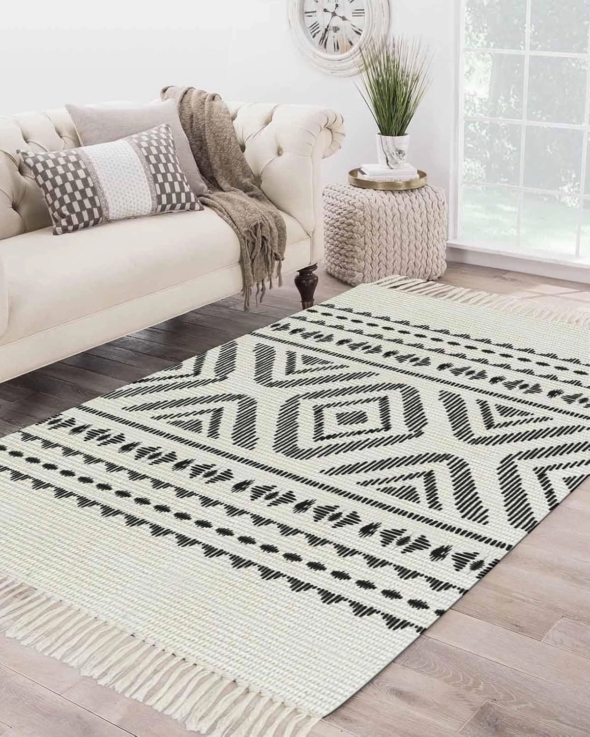 Black Boho Large Runner Rug 4X6 Ft Living Room Area Rug, Washable Woven Throw Carpet with Tassel, Farmhouse Tribe Ethnic Geometric Stripes Non-Shedding Bedroom Office Carpets