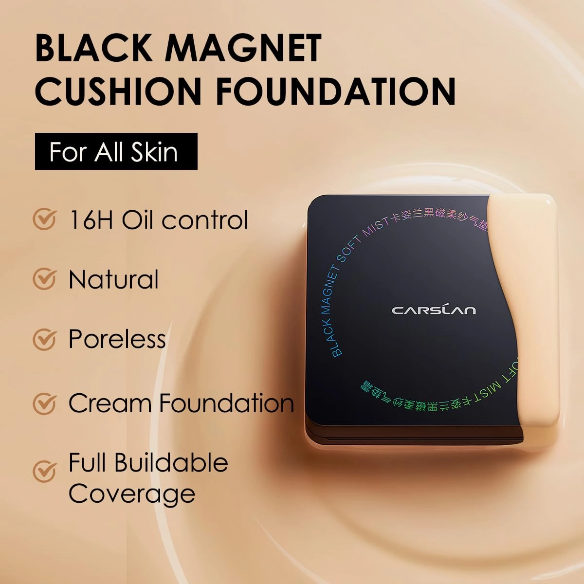 Black Magnet Cushion Foundation - Full Buildable Coverage, Moisturizing, Lightweight, 16H Long-Lasting Glow Looking, Refill Included, 01.Warm Fair