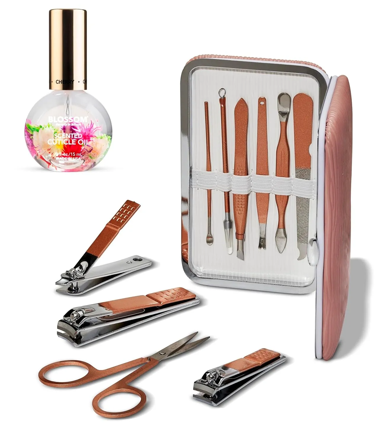 Blossom 10 in 1 Professional Manicure, Pedicure   Facial Tools Grooming Kit, Stainless Steel Nailcare Nail Clipper Kit with Travel Case   0.5oz Cherry Scented Cuticle Oil, 2 Pack Bundle