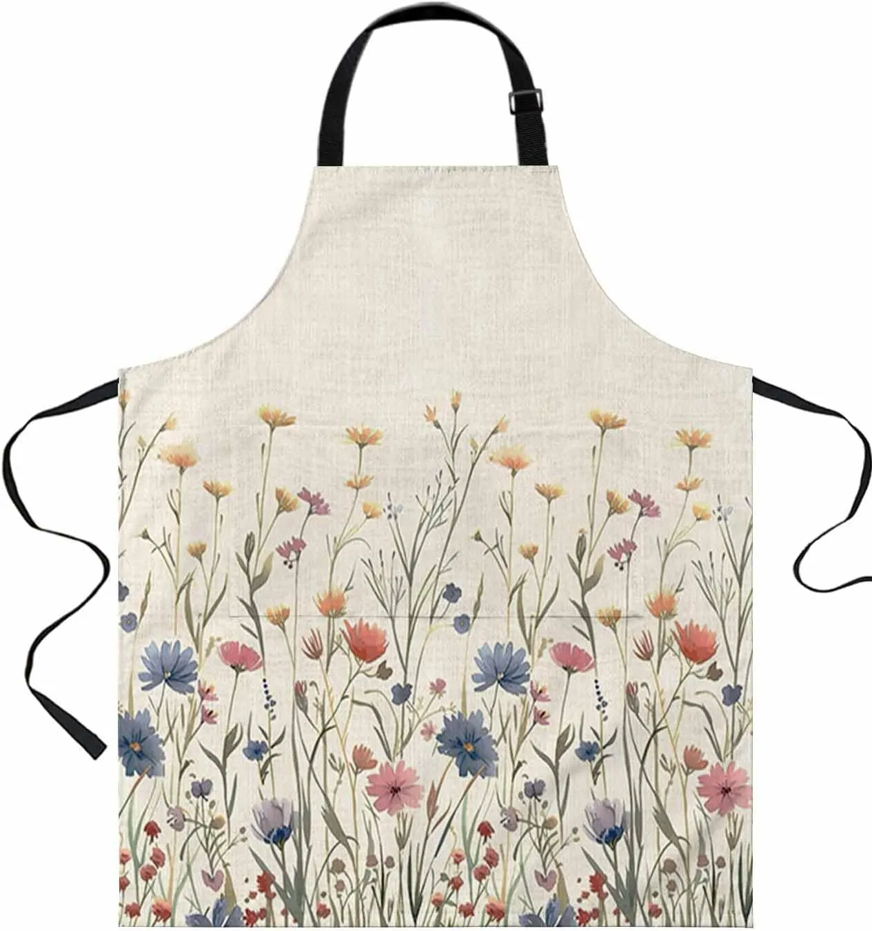 Blue Yellow Red Flower Waterproof Apron With Pockets, Retro Country Wild Floral Beige Kitchen Chefs Bib Cooking BBQ Grill Bake Adjustable Aprons for Women/Kids Home Garden Grooming Painting Gardening