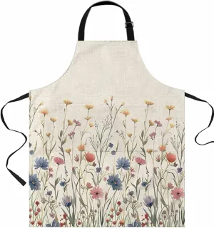 Blue Yellow Red Flower Waterproof Apron With Pockets, Retro Country Wild Floral Beige Kitchen Chefs Bib Cooking BBQ Grill Bake Adjustable Aprons for Women/Kids Home Garden Grooming Painting Gardening