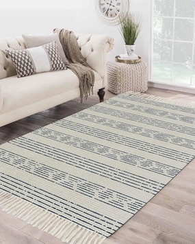 Blue Boho Large Runner Rug 4X6 Ft Living Room Area Rug, Washable Woven Throw Carpet with Tassel, Natural Country Bohemian Tribal Striped Non-Shedding Bedroom Office Carpets