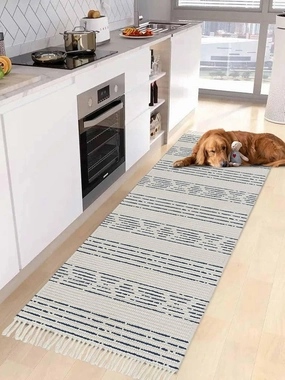 Blue Boho Runner Rug 2X4 Ft Entryway Outdoor Indoor Mat, Washable Woven Throw Carpet with Tassel, Natural Country Bohemian Tribal Striped Non-Shedding Hallway Bath Mats