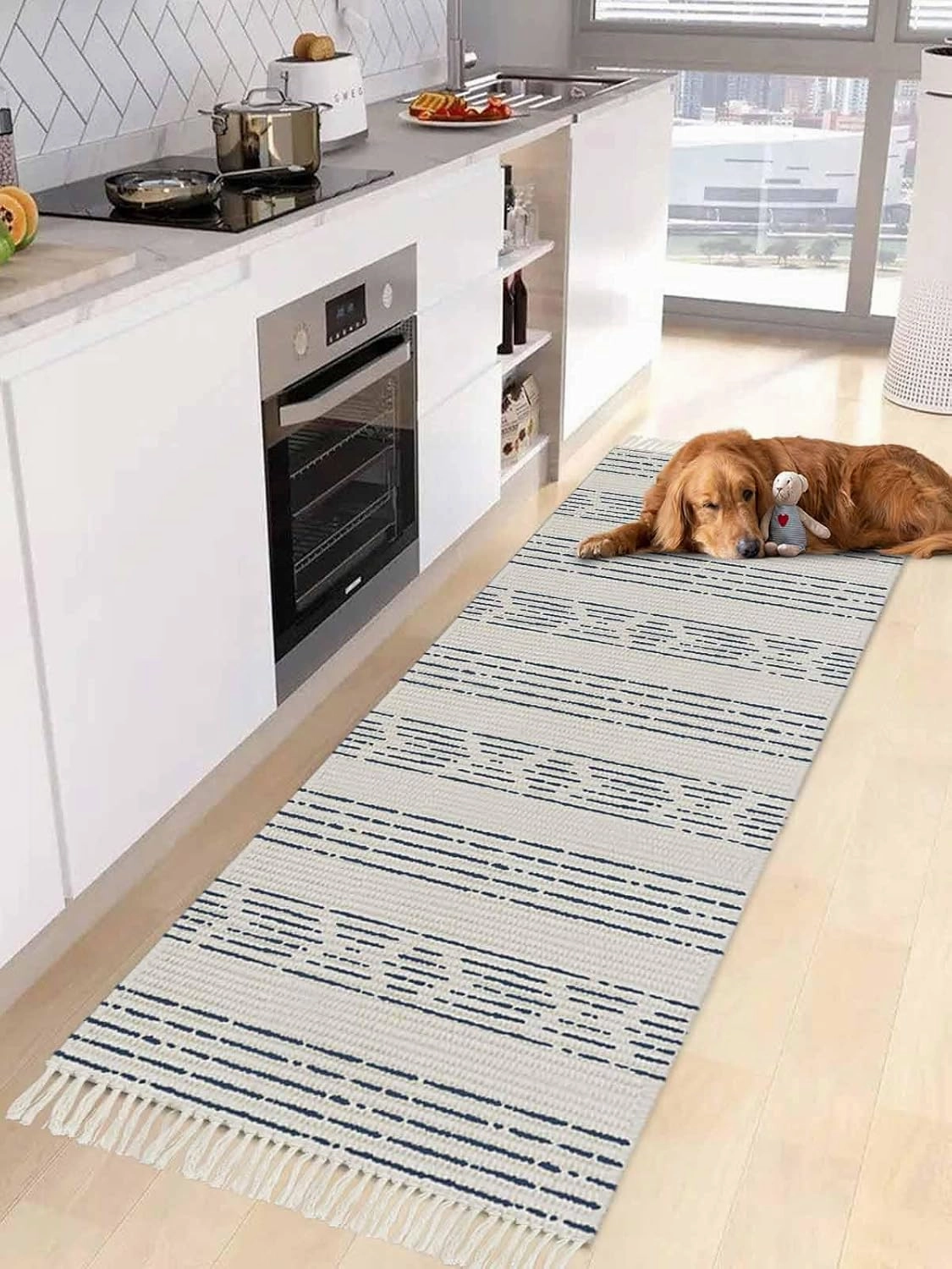 Blue Boho Runner Rug 2X4 Ft Entryway Outdoor Indoor Mat, Washable Woven Throw Carpet with Tassel, Natural Country Bohemian Tribal Striped Non-Shedding Hallway Bath Mats