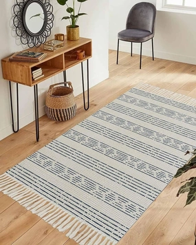 Blue Boho Runner Rug 3X5 Ft Bedroom Area Rug, Washable Woven Throw Carpet with Tassel, Natural Country Bohemian Tribal Striped Non-Shedding Dining Room Living Room Carpets