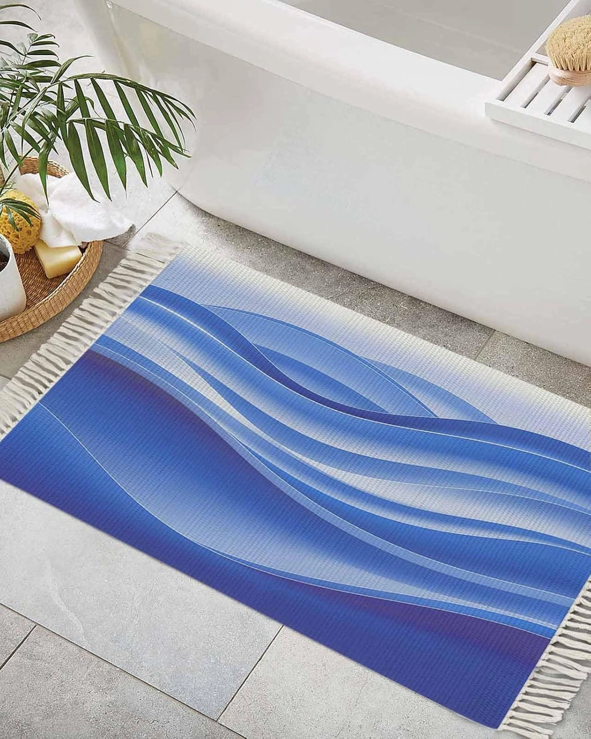 Blue Marble Entryway Rug 2X3 Ft Bathroom Mat, Washable Woven Throw Carpet with Tassel, Modern Minimalist Abstract Striped Aesthetic Non-Shedding Indoor Outdoor Kitchen Doormats