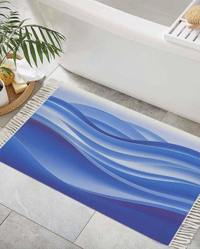 Blue Marble Entryway Rug 2X3 Ft Bathroom Mat, Washable Woven Throw Carpet with Tassel, Modern Minimalist Abstract Striped Aesthetic Non-Shedding Indoor Outdoor Kitchen Doormats