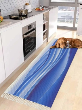 Blue Marble Runner Rug 2X4 Ft Entryway Outdoor Indoor Mat, Washable Woven Throw Carpet with Tassel, Modern Minimalist Abstract Striped Aesthetic Non-Shedding Hallway Bath Mats