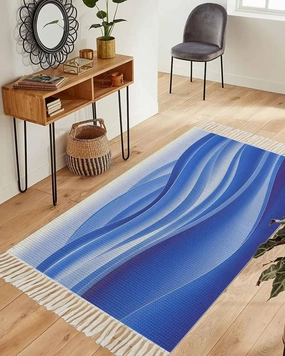 Blue Marble Runner Rug 3X5 Ft Bedroom Area Rug, Washable Woven Throw Carpet with Tassel, Modern Minimalist Abstract Striped Aesthetic Non-Shedding Dining Room Living Room Carpets