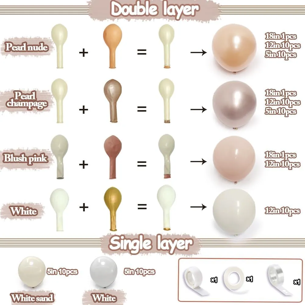 Blush Pink Balloon Garland Double Stuffed Light Pink White Champagne Pearl Balloons Dusty Rose Nude Beige Neutral Balloon Arch Kit for Baby Shower Birthday Bridal Shower Wedding Party Decorations