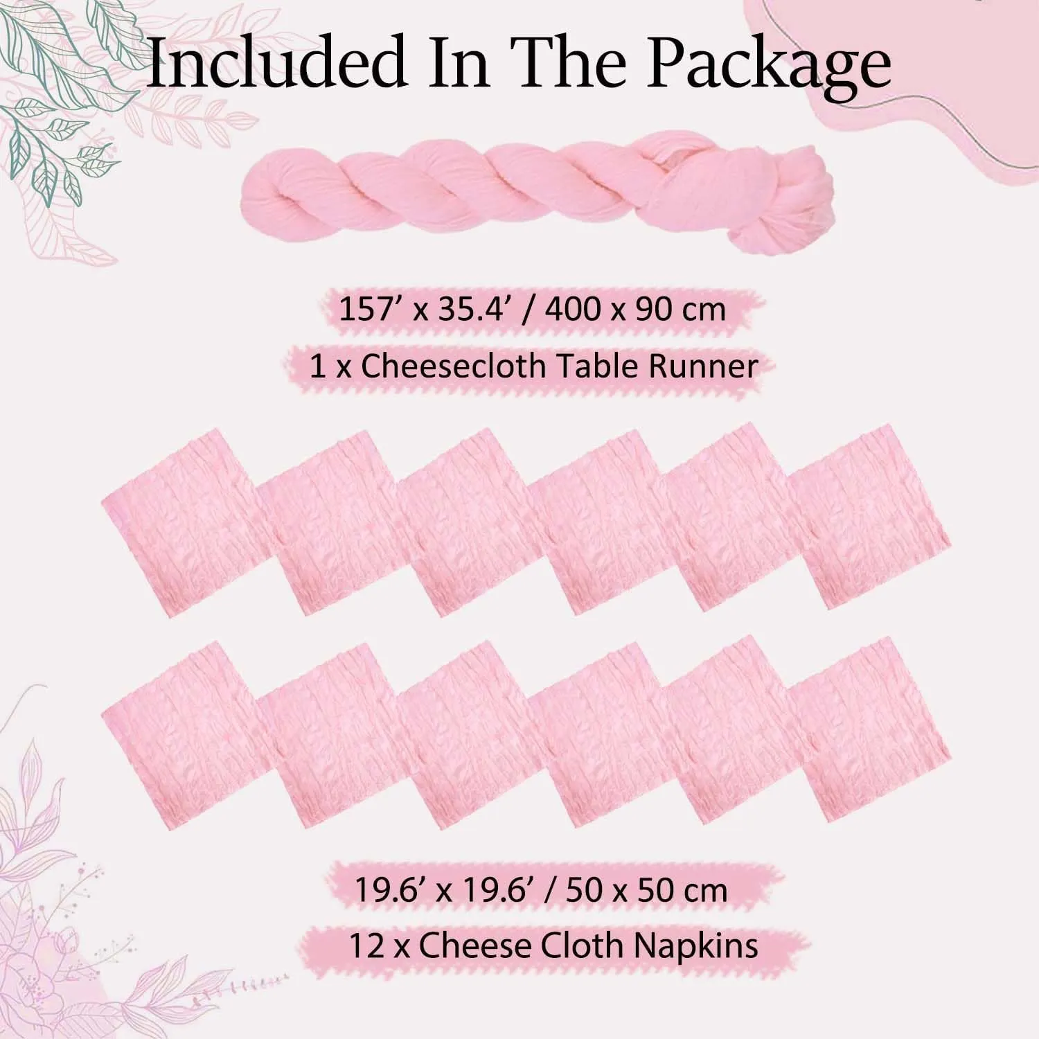 Blush Pink Cheesecloth Table Runner 13 Ft and 12 Napkins, Rustic Gauze Table Runner with Napkins for Boho Wedding Bridal Baby Shower Birthday Farmhouse Dinner Table
