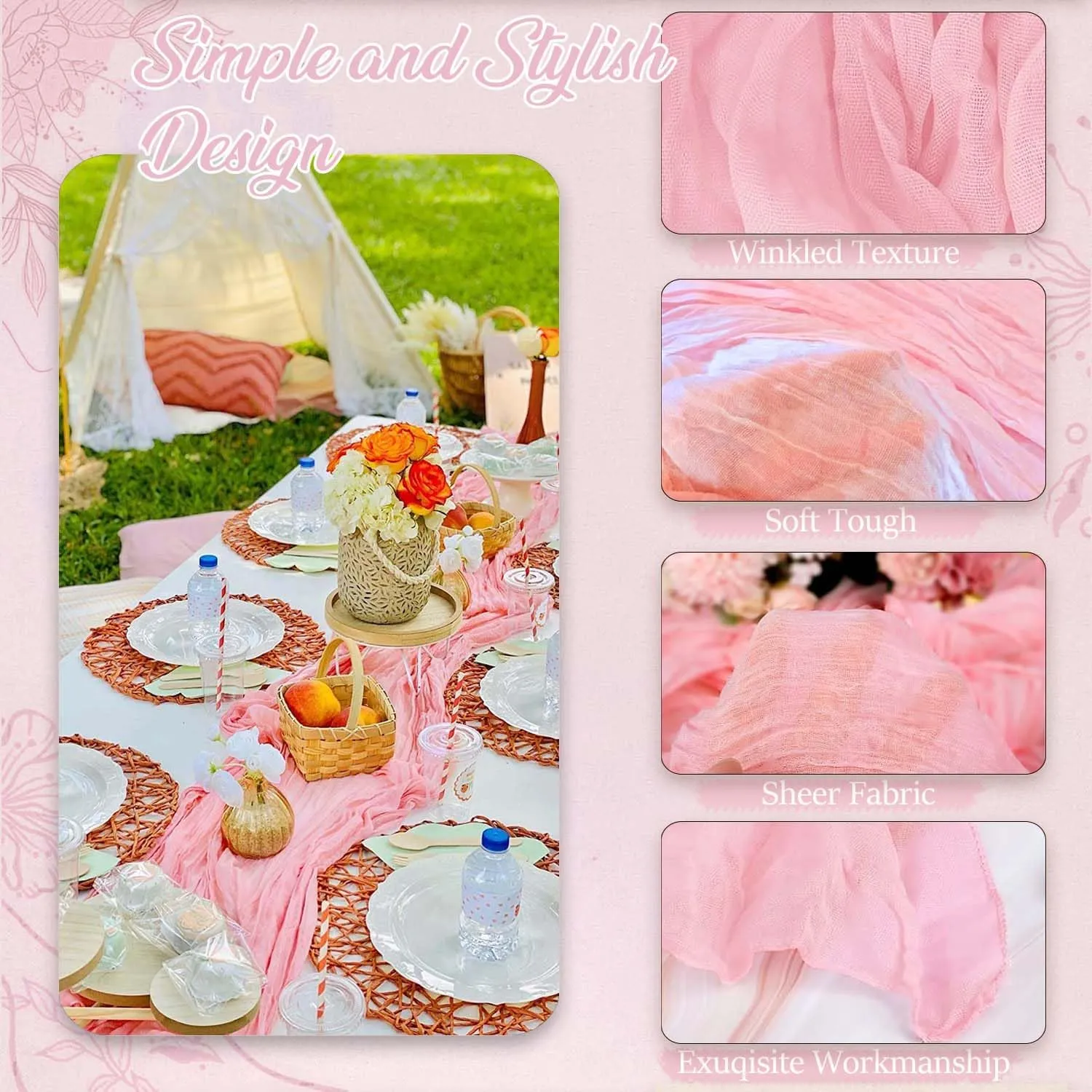 Blush Pink Cheesecloth Table Runner 13 Ft and 12 Napkins, Rustic Gauze Table Runner with Napkins for Boho Wedding Bridal Baby Shower Birthday Farmhouse Dinner Table