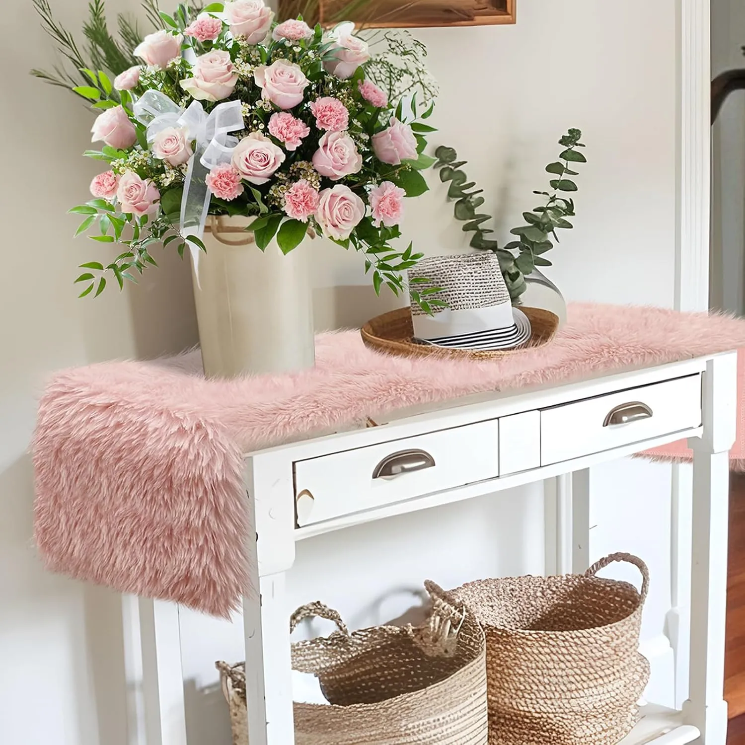 Blush Pink Table Runner Short, 48 inch Spring Pastel Pink Fluffy Faux Fur Dresser Runners for Bedroom Furniture, Dining Room, Furry Dresser Cover Top, Mother's Day Wedding Home Decor
