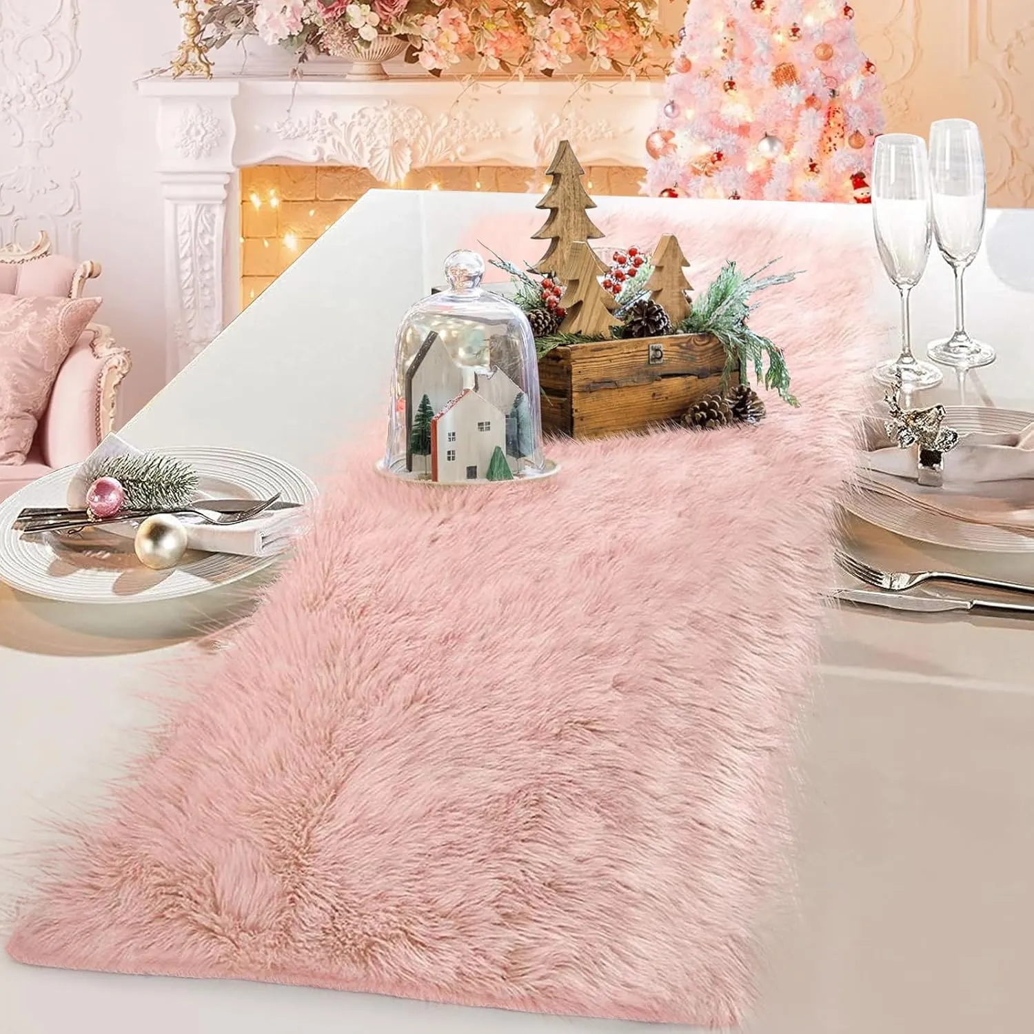 Blush Pink Table Runner Short, 48 inch Spring Pastel Pink Fluffy Faux Fur Dresser Runners for Bedroom Furniture, Dining Room, Furry Dresser Cover Top, Mother's Day Wedding Home Decor