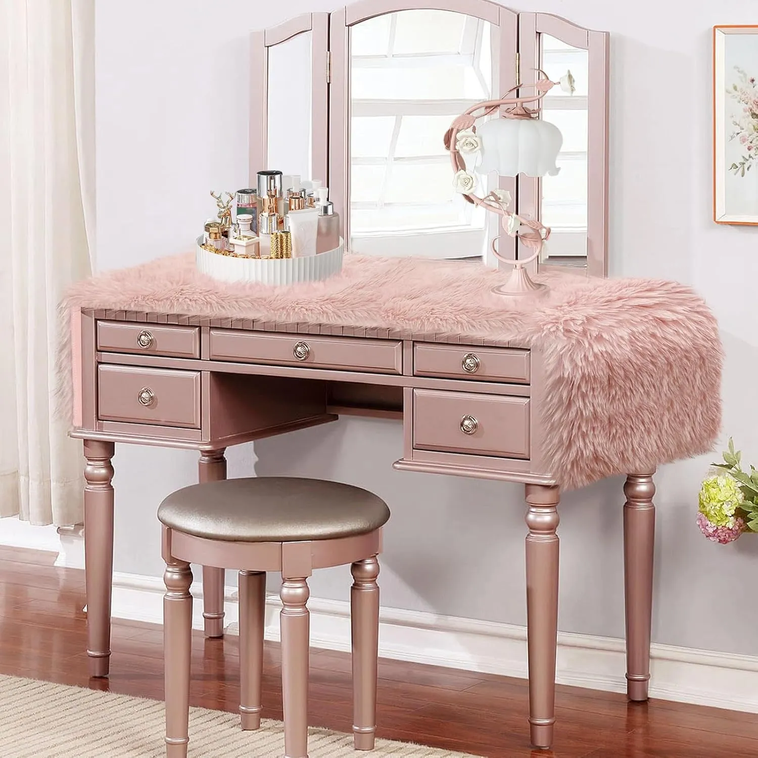 Blush Pink Table Runner Short, 48 inch Spring Pastel Pink Fluffy Faux Fur Dresser Runners for Bedroom Furniture, Dining Room, Furry Dresser Cover Top, Mother's Day Wedding Home Decor